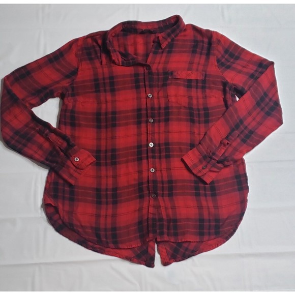 Women's Lucky Brand Red Black Buffalo Plaid Soft Button Down Split Hem Back Sz M - Picture 1 of 6